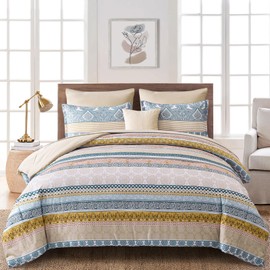 WONGS BEDDING Bohemian Double Duvet Cover Set Beige Khaki Colorful Boho Striped Bedding Set with 2 Pillowcases Soft Microfiber Moroccan Quilt Cover 200x200cm