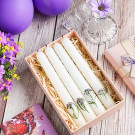 Threlaco Flower Taper Candles Real Dried Pressed Purple Flowers Tapered Candlesticks Unscented 7.8Inch White Pastel Taper Candles for Baptismal Wedding Bridal Shower Party(4 Pcs,Dried Flower)