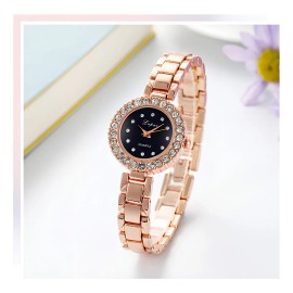 Juego De Reloj Y Joyas En Caja De Elegante 5 Piezas Color De La Correa Oro Rosa/negro