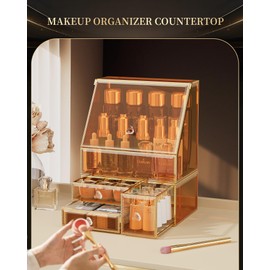 CoralHouse Makeup Organizer Countertop,Amber Makeup Organizer with Drawer, Skincare Holder for Bathroom Countertop,Cosmetic Display Case for Dresser