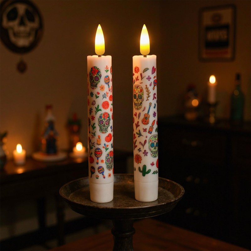 ONEIHOMM Dia De Los Muertos Taper Candles with Timer Remote