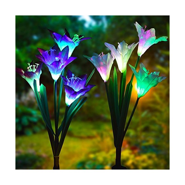 Doingart Outdoor Solar Garden Stake Lights 2 Pack Solar Powered Lights with 8 Lily Flower, Multi-Color Changing LED Solar Decorative Lights for Garden, Patio, Backyard (Purple and White)