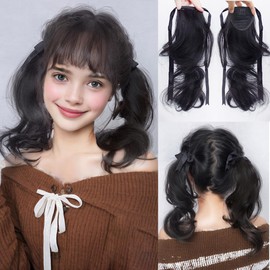 2PCS Short Wavy Ponytail Extension with Hair Tie 30cm Natural Synthetic Double Ponytail Hair Piece Invisible Clip in High Ponytail (Dark Brown)