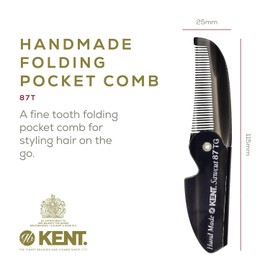 Kent 87T Black Graphite Handmade Folding Pocket Comb for Men, Fine Tooth Hair Comb Straightener for Everyday Grooming Styling Hair, Beard or Mustache, Saw Cut Hand Polished, Made in England