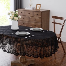 LinenZone Black Oval Tablecloth for Rustic Vintage Decor. Sheer Lace Tablecloth Works Great As Wedding Tablecloth, Thanksgiving Tablecloth or Christmas Tablecloth (Mia Oval 72, Black)