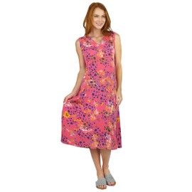 LA CERA Women's Embroidered V-Neck Sleeveless Cotton Dress, Floral Print & Embroidered Neckline, Midcalf Length, Summer Dress