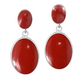 Classy Double Oval Reconstructed Red Coral Inlay .925 Sterling Silver Drop Post Earrings