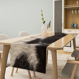 Cowhide Table Runner Black and White Milk Cow Western Style 3D Cow Fur Skin Texture Table Runner for Living Room Kitchen Dining Table Decoration 13x70in