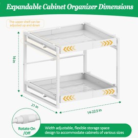 REALINN 2 Tier Pull Out Cabinet Organizer, 21 inch Depth Slide Out Shelves, Expandable 14"-22.5" Wide Heavy-Duty Cabinet Drawers for Kitchen Pots, Pans & Pantry Storage, White