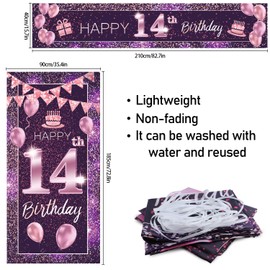 PAKBOOM Happy 14th Birthday Door Cover Porch Banner Sign Set - 14 Years Old Birthday Decoraions Party Supplies for Girls - Purple Pink