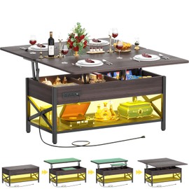 Aheaplus Coffee Table Lift Top Multi-Function Coffee Table Converts to Dining Table, with LED Light and Power Outlet, Center Table with Shelves for Living Room Reception Home Office,-S2, Espresso