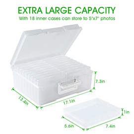 Photo Storage Box 5 x 7 Inches, 18 Inner Extra Large Photo Boxes With Dividers, Acid-Free Photo Storage Containers, Seed Organizer Craft Storage Box for Photos, Crafts, Stamps etc (Clear, 18 Boxes)