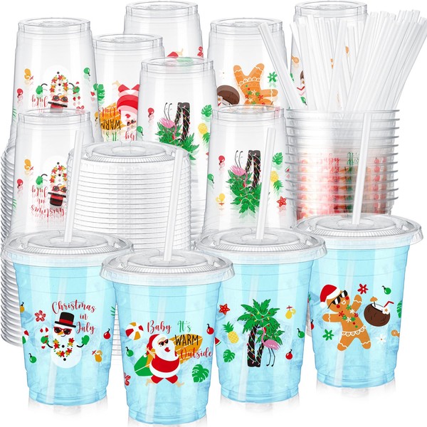 Qinyoung 100 Pcs 12oz Christmas in July Disposable Plastic Cups