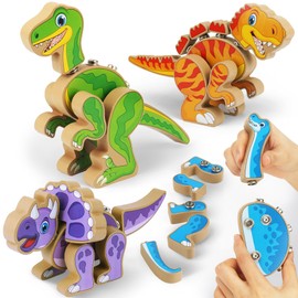 Coogam Build Your Own Dinosaurs Toy, Snap Together Building Dinosaurs Playset, Wooden STEM Take Apart Dinosaur Builder, Montessoi Fine Motor Building Toy Gift for 3 4 5 Years Old Kids