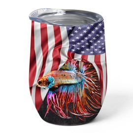 Patriotic Red Blue Crowntail Betta Fish Tumbler 12oz - Stainless Steel Vacuum Insulated Wine Cup with Lid - American Flag & Pet Novelty Gifts for Betta Lovers