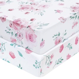 David's Kids 100% Cotton Fitted Crib Sheets, 2 Pack Ultra Soft Breathable Comfortable Baby Sheet Set for Girls, 28x52 Inch Fits Standard Crib and Toddler Mattresses, Floral Flowers