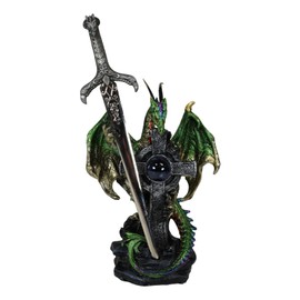 Ebros Gift Legendary Celtic Metallic Green Earth Dragon Holding High Cross with Blue Orb and Draconian Claw Sword Letter Opener Figurine Home Office Decorative Sculpture Medieval Dungeons Dragons