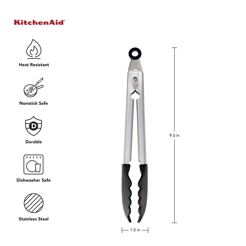 KitchenAid Silicone Tipped Stainless Steel Tongs, Black, 9 Inch