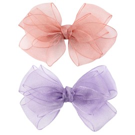 2 Colors Organza Double Hair Bows Clips - 5.5 Inch Large Big Lined Boutique Alligator Clips Hair Accessories for Girls Toddlers and Little Teens (Pink-Purple)