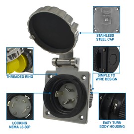 Conntek 30 Amp 125 Volt RV Marine Power Inlet - Stainless Steel
