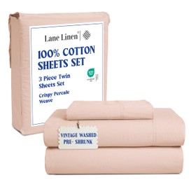 LANE LINEN 100% Mercerized Cotton Vintage Washed Percale Sheets Twin Size Bed, Naturally Temperature Regulating Low Pilling Fade Resistant 15" Deep Pocket Twin Sheets- Sepia Rose