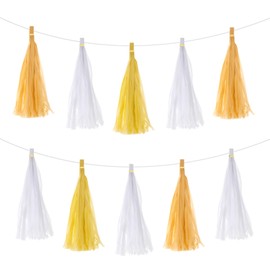 MECCANIXITY 15Pcs Light Yellow,Dark Yellow,White Tassel Garland Banner with Rope Tissue Paper Tassels Party DIY Kits for Anniversary Wedding Birthday Party