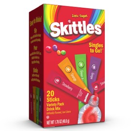Skittles Singles To Go Variety Pack, Watertok Powdered Drink Mix, Zero Sugar, Low Calorie, Includes 4 Flavors, 1 Box (20 Single Servings) (Fruity)