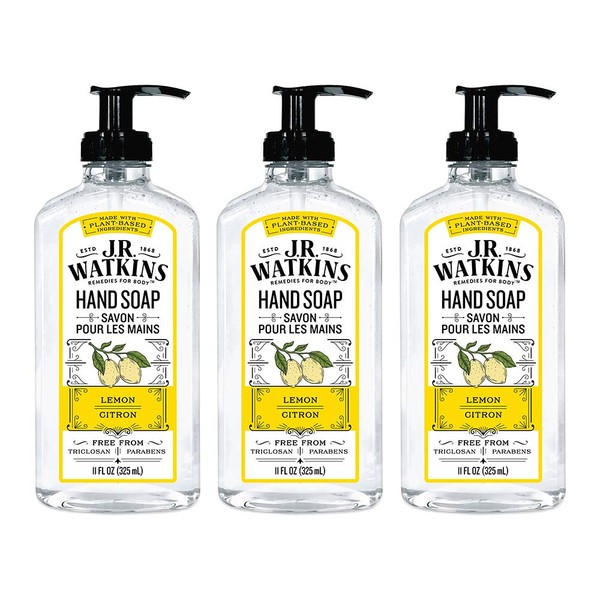 J.R. Watkins Gel Hand Soap, Scented Liquid Hand Wash for Bathroom or Kitchen, USA Made and Cruelty Free, 11 fl oz, Lemon, 3 Pack