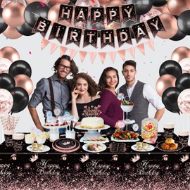 169 Pieces Black and Rose Gold Party Decoration Black Rose Gold Tableware Set Rose Gold Black Party Supplies Rose Gold Black Birthday Party Supplies Plates Banner Balloons Tablecloth Served 20