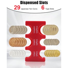 Japanese Coin Organizer, Coin Holder with Coin Sorter and 2 PVC Bags, Large Capacity & Portable Change Holder for Yen Coins, Yen Change Organizer, Coin Dispenser for Travel, Red