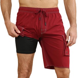 Kqwfsiu Mens Swim Trunks Swim Shorts for Men Quick Dry with Compression Liner Pocket Beach Board Bathing Suits Red X-Large