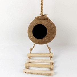 rflaueo 1pc Gecko Coconut Husk Hut with Ladder Natural Coconut Shell Gecko Nest Coconut Bird Nest Reptile Coconut Hide for Lizards Chameleon Gecko Snakes Small Animal(U285-1)