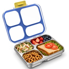 HOMEKOL Stainless Steel Bento Lunch Box: 4-Compartment Leak-Proof Lunch Container for Kids & Adults, BPA/BPS-Free 304 Metal Food Box, Dishwasher Safe, Clear Tritan Lid, 4 Cups, Blue (Not Insulated)