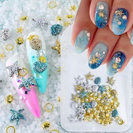 Summer Nail Art Rhinestones,Shiny Shell Starfish Nail Charms 3D Resin Nail Art Charms Metal Star Seashell Starfish Theme Summer Charms for Acrylic Nails Pearl for Women DIY Accessories Decor
