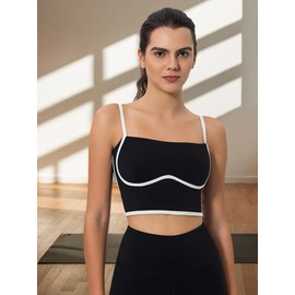 CATHSNNA Women Workout Tank Tops Square Neck Crop Yoga Top Spaghetti Strap Built in Bras Longline Sport Bra Black