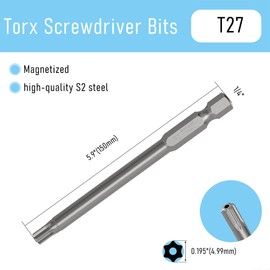 FOCMKEAS 5PCS T27 Magnetic Tamper Proof Torx Screwdriver Bits, 1/4 Inch Hex Shank 5.9 Inch Length S2 Steel Security Drill Torx Head Drill Screw Driver Tools(150mm Long, Star 6 Point)