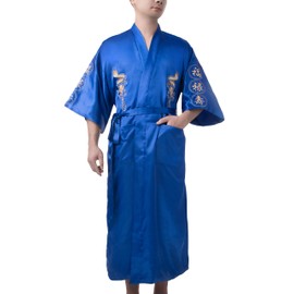 Bon amixyl Men’s Dressing Gown Bathrobe Satin Silk Bath Robe Kimono Gown Dragon Embroidery Yukata Hakma Vintage Blue