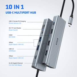 10 in 1 Dual Monitor AYCLIF USB C Hub, USB C Docking Station, Laptop USB C Adapter (Gigabit Ethernet, 4K HDMI, USB 3.0, PD 100W, 3.5mm MIC, SD/TF Reader) for MacBook Pro/Air, HP, Lenovo, Dell