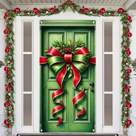 Christmas Door Banner Merry Christmas Photography Backdrop Christmas Bowknot Gift Box Door Hanging Banner Outdoor Sign Christmas Candy Decoration for Home Wall Outdoor Indoor 35 x 71 In