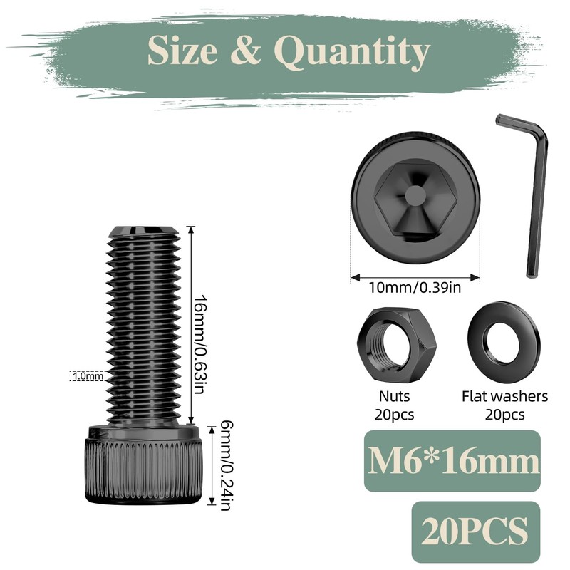 GOHODOMINO M6×16mm Socket Head Cap Screws, Nuts, Flat Washers, 20Pcs,
