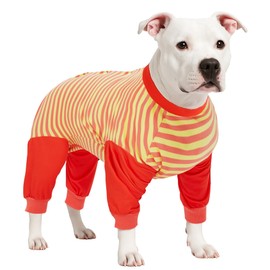 LovinPet Dog Recovery Bodysuit, Full Body Wound Protection for Large Medium Dogs, Abdomen Cut-Out Post-Surgery Care, Wide Stripe, Orange Yellow, L