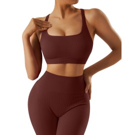 RXRXCOCO Ribbed Workout Sets for Women 2 Piece Backless Strappy Sports Bra Seamless Leggings Matching Set Yoga Outfits Coffee Medium