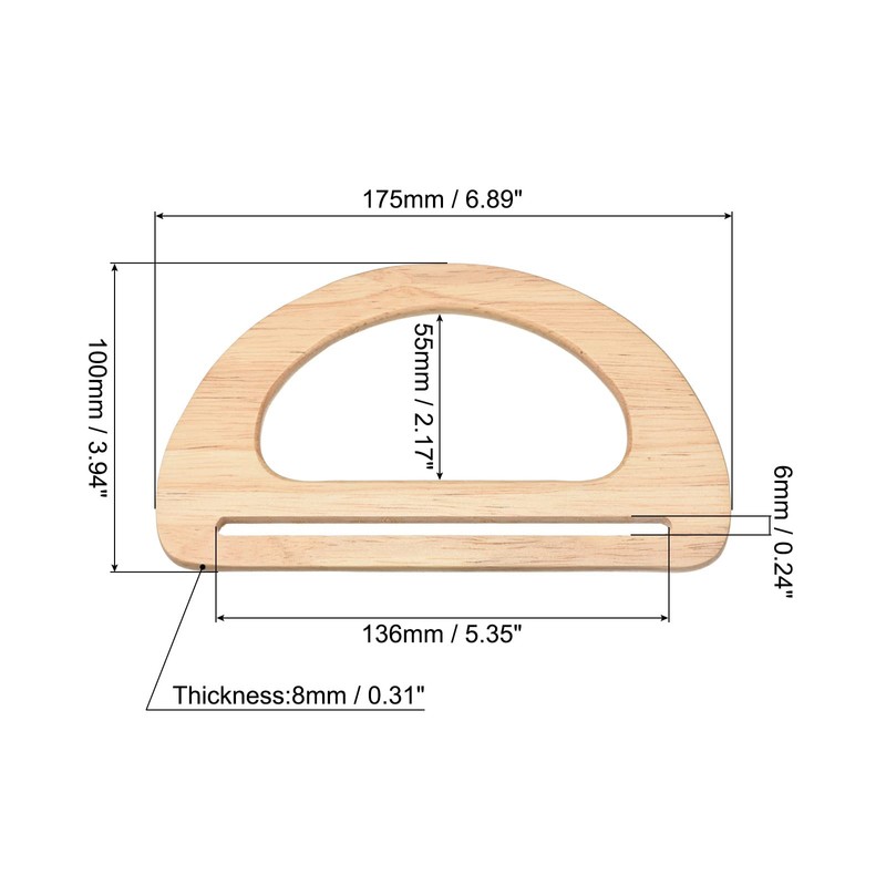 sourcing map Wooden Purse Handles, 175mm 2Pcs D Shape Handbag