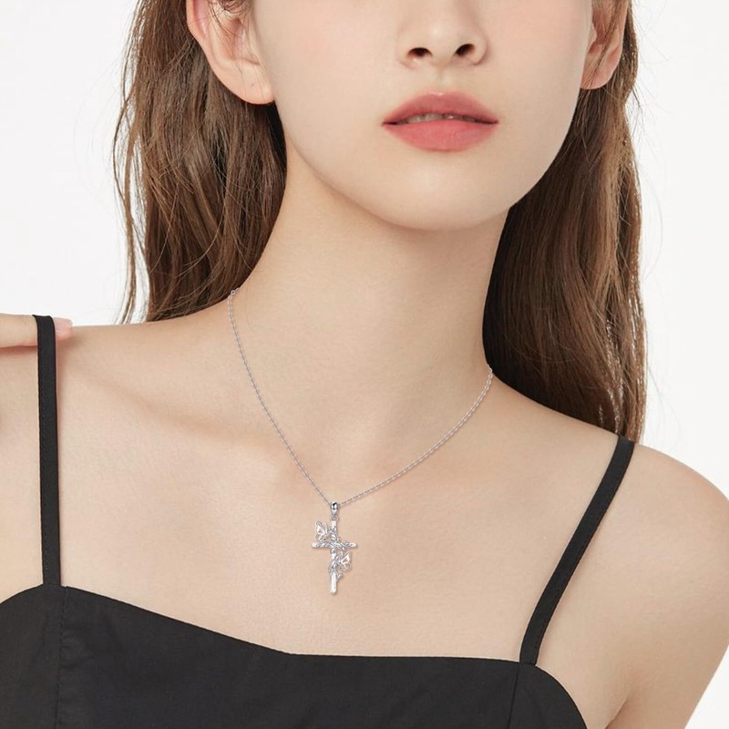 JERWLI Butterfly Cross Necklace 925 Sterling Silver Butterfly Cross Pendant