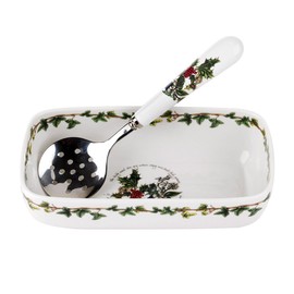 Portmeirion Home & Gifts Cranberry Dish & Slotted Spoon, Ceramic, Multi-Colour, 11.4 x 20.5 x 5.5 cm