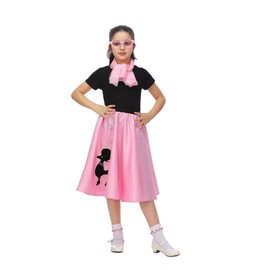 Rabtero Kids Socks Hop Costume, Girls 1950s Dress Costume, 50s Poodle Skirt with Scarf, Glasses and Socks for Girls 4-6, Small, Pink