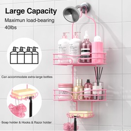 DAOYA Pink 3-Tier Over Head Shower Caddy with Soap Holder & 6 Hooks - Hanging Shower Caddy for Bathroom Organizer
