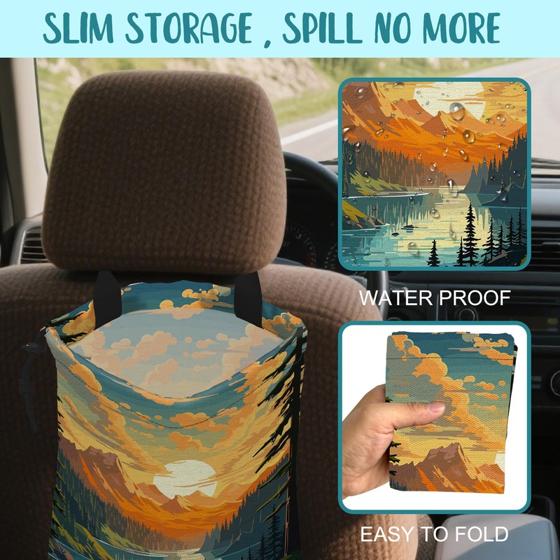 KXWQTRDD Car Garbage Bag Mountain Lake and Sunrise Drawstring Car