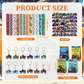 Pack of 86 Monster Truck Birthday Party Bags, Racing Car Birthday Decoration, 12 Slap Bracelets, 50 Stickers, 12 Key Chains, 12 Gift Bags, for Boys Girls Monster Truck Party Gifts
