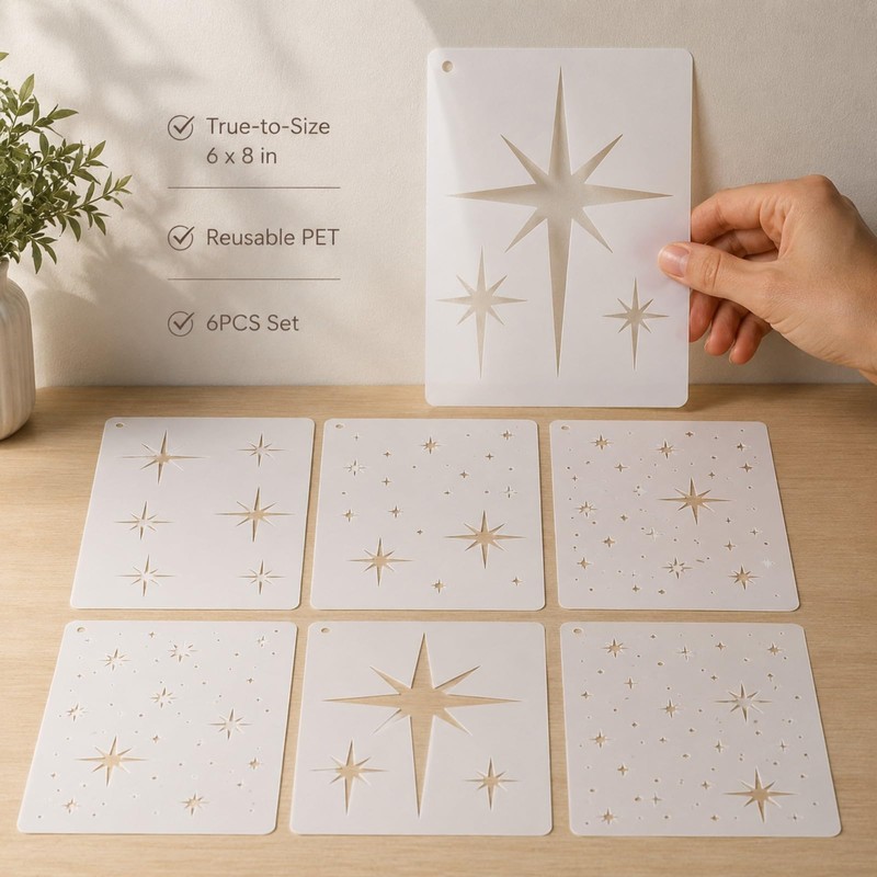 QIHAWN 6Pcs PET Star Stencils, 20x15cm Reusable Painting Templates